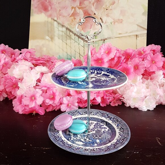Handmade 2 Tier Cake Stand Blue Willow Jewelry Trinket Tray Tea Party Decor Gift - Picture 2 of 7